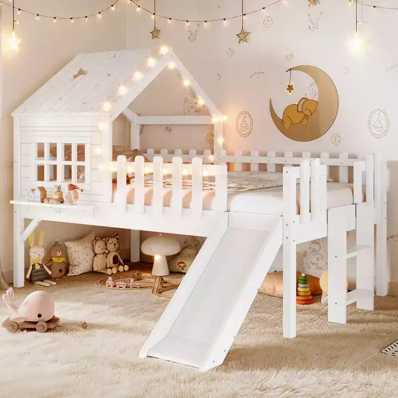 GDFStudio Flynn Modern Wooden House Loft Bed with Slide, Ladder, LED Roof Lights and Safety Rails