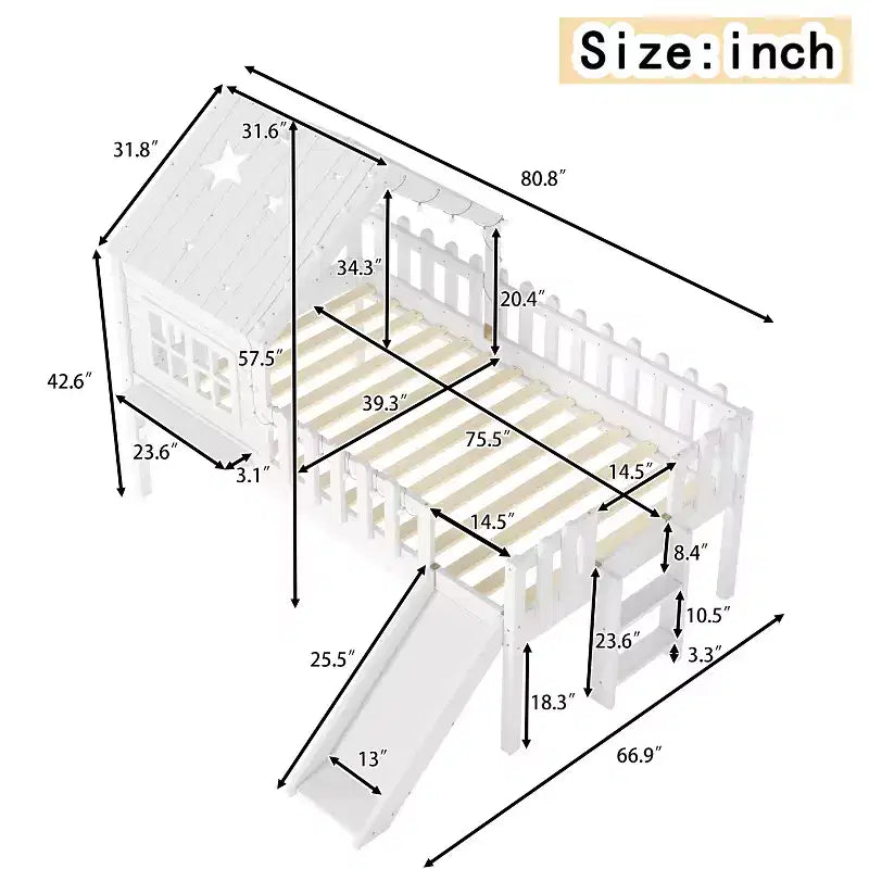 GDFStudio Flynn Modern Wooden House Loft Bed with Slide, Ladder, LED Roof Lights and Safety Rails