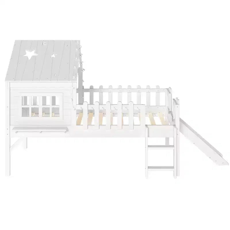 GDFStudio Flynn Modern Wooden House Loft Bed with Slide, Ladder, LED Roof Lights and Safety Rails