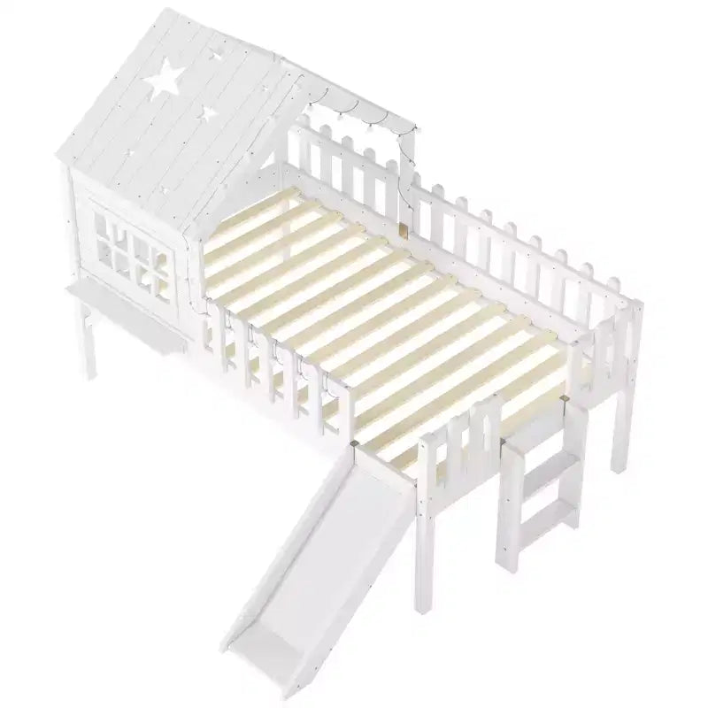 GDFStudio Flynn Modern Wooden House Loft Bed with Slide, Ladder, LED Roof Lights and Safety Rails