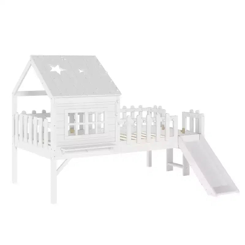 GDFStudio Flynn Modern Wooden House Loft Bed with Slide, Ladder, LED Roof Lights and Safety Rails