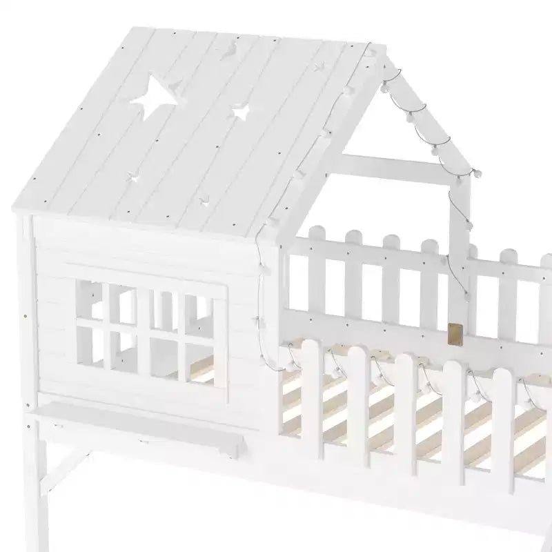 GDFStudio Flynn Modern Wooden House Loft Bed with Slide, Ladder, LED Roof Lights and Safety Rails