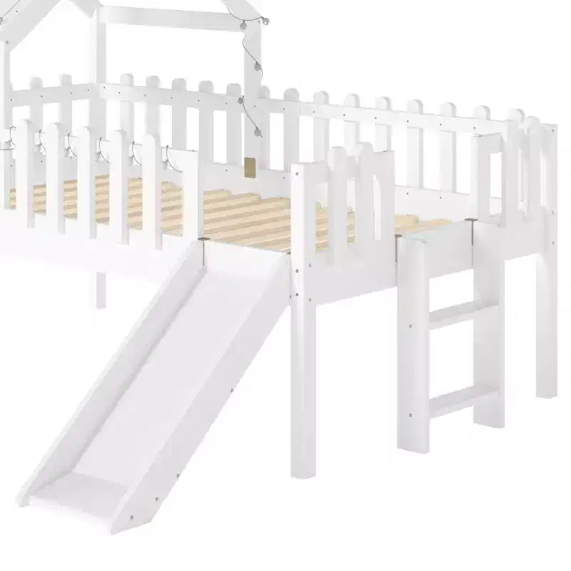GDFStudio Flynn Modern Wooden House Loft Bed with Slide, Ladder, LED Roof Lights and Safety Rails