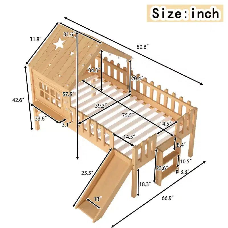 GDFStudio Flynn Modern Wooden House Loft Bed with Slide, Ladder, LED Roof Lights and Safety Rails