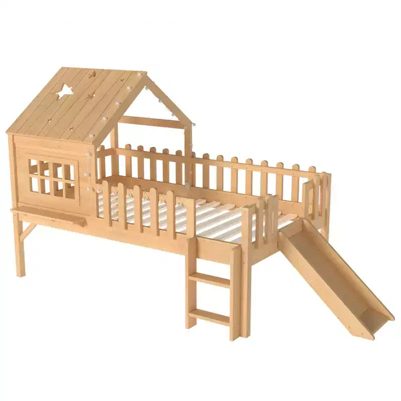 GDFStudio Flynn Modern Wooden House Loft Bed with Slide, Ladder, LED Roof Lights and Safety Rails