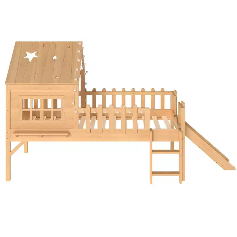 GDFStudio Flynn Modern Wooden House Loft Bed with Slide, Ladder, LED Roof Lights and Safety Rails