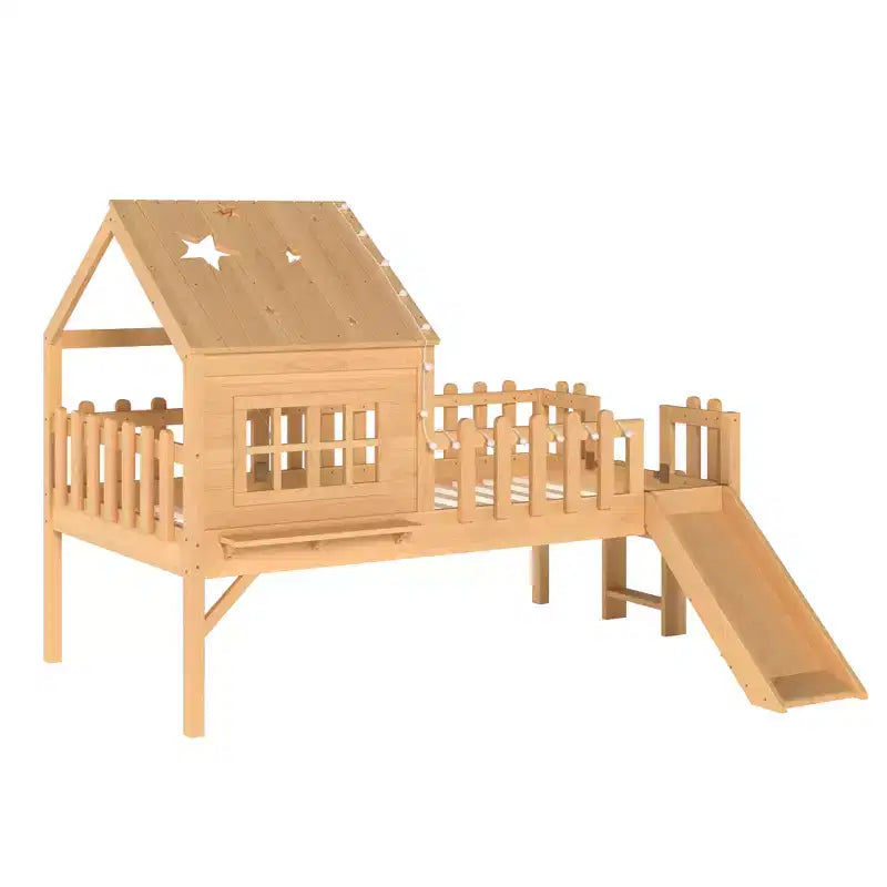 GDFStudio Flynn Modern Wooden House Loft Bed with Slide, Ladder, LED Roof Lights and Safety Rails