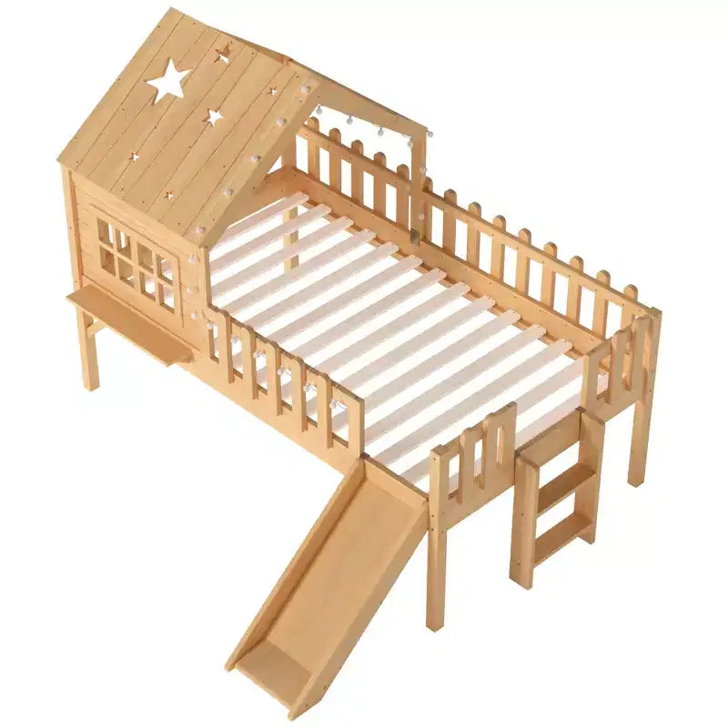 GDFStudio Flynn Modern Wooden House Loft Bed with Slide, Ladder, LED Roof Lights and Safety Rails