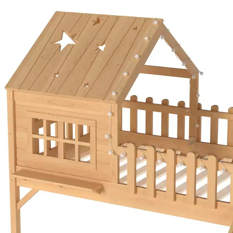 GDFStudio Flynn Modern Wooden House Loft Bed with Slide, Ladder, LED Roof Lights and Safety Rails