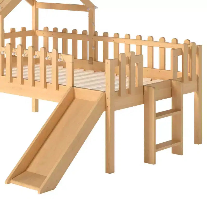 GDFStudio Flynn Modern Wooden House Loft Bed with Slide, Ladder, LED Roof Lights and Safety Rails