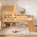 GDFStudio Flynn Modern Wooden House Loft Bed with Slide, Ladder, LED Roof Lights and Safety Rails