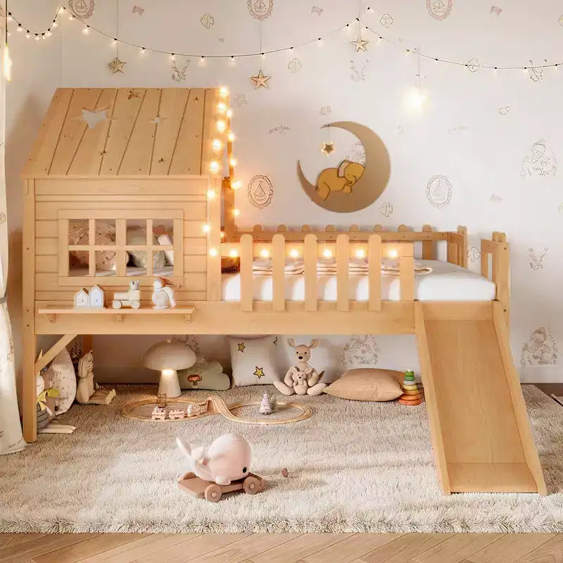 GDFStudio Flynn Modern Wooden House Loft Bed with Slide, Ladder, LED Roof Lights and Safety Rails