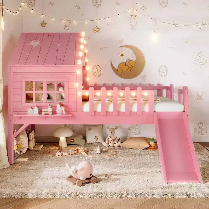 GDFStudio Flynn Modern Wooden House Loft Bed with Slide, Ladder, LED Roof Lights and Safety Rails