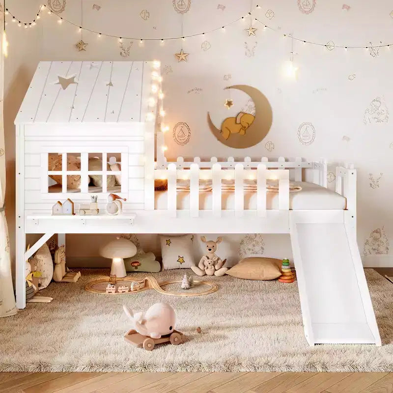 GDFStudio Flynn Modern Wooden House Loft Bed with Slide, Ladder, LED Roof Lights and Safety Rails