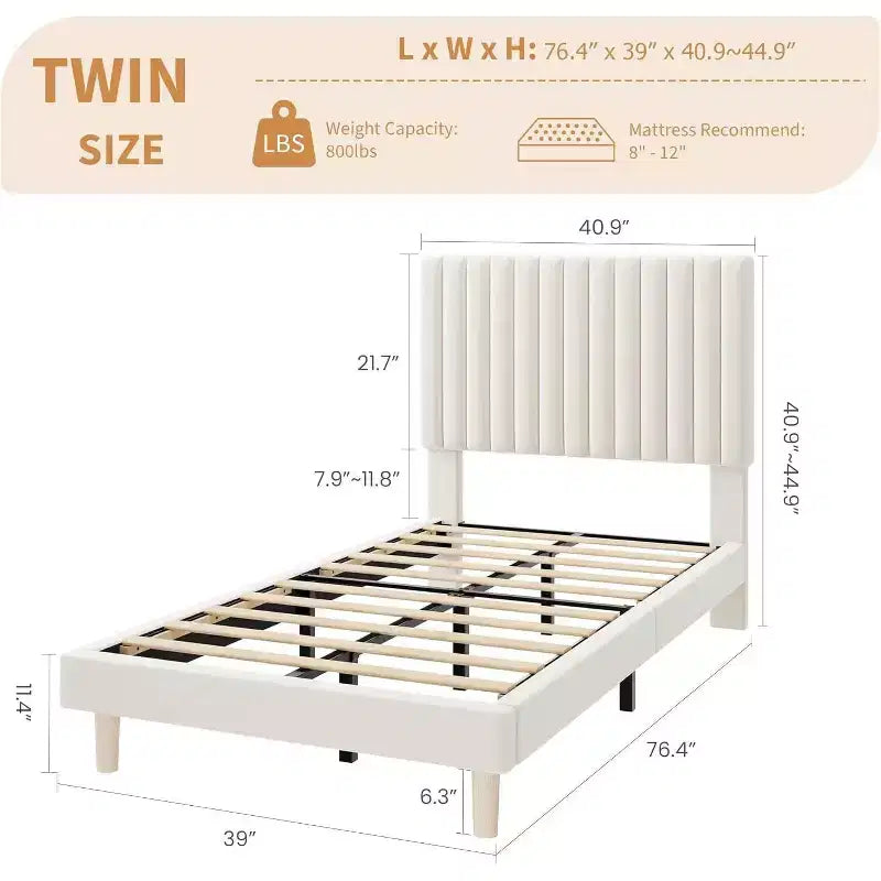 GustoWave Velvet Upholstered Platform Bed Frame with Adjustable Headboard