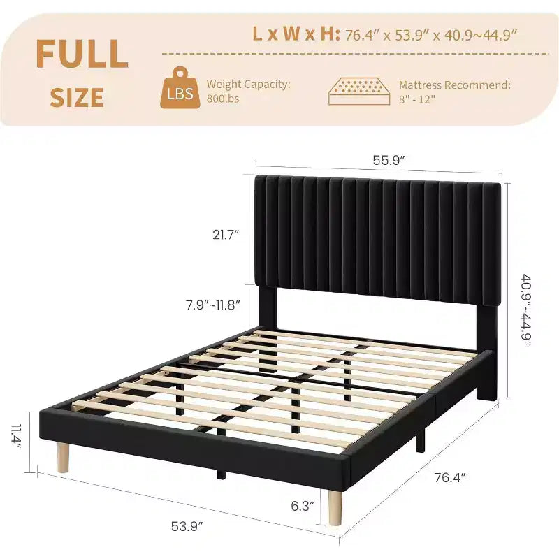 GustoWave Velvet Upholstered Platform Bed Frame with Adjustable Headboard