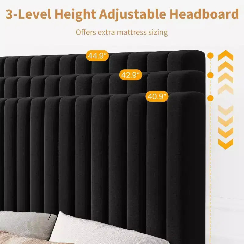 GustoWave Velvet Upholstered Platform Bed Frame with Adjustable Headboard