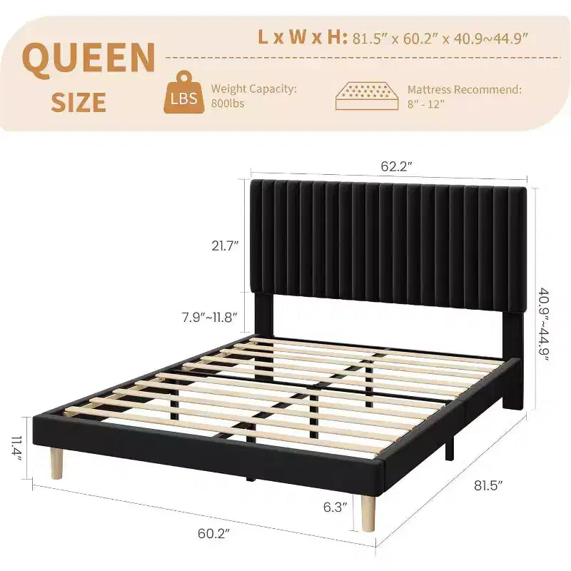 GustoWave Velvet Upholstered Platform Bed Frame with Adjustable Headboard