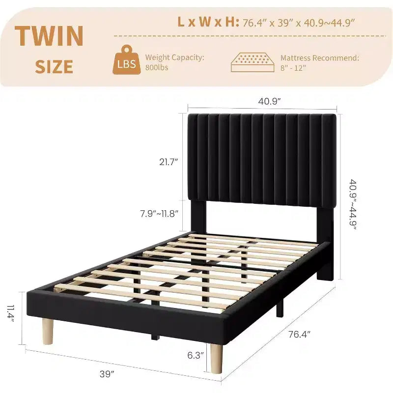 GustoWave Velvet Upholstered Platform Bed Frame with Adjustable Headboard
