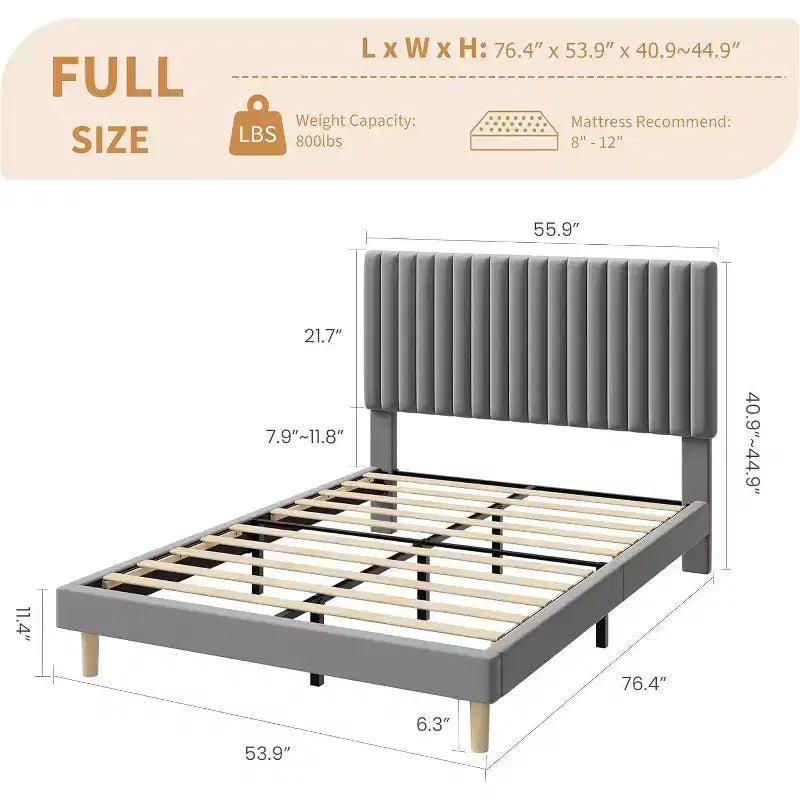 GustoWave Velvet Upholstered Platform Bed Frame with Adjustable Headboard
