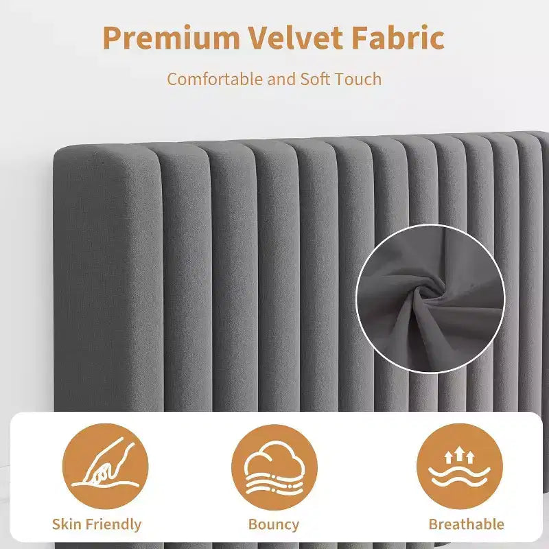 GustoWave Velvet Upholstered Platform Bed Frame with Adjustable Headboard