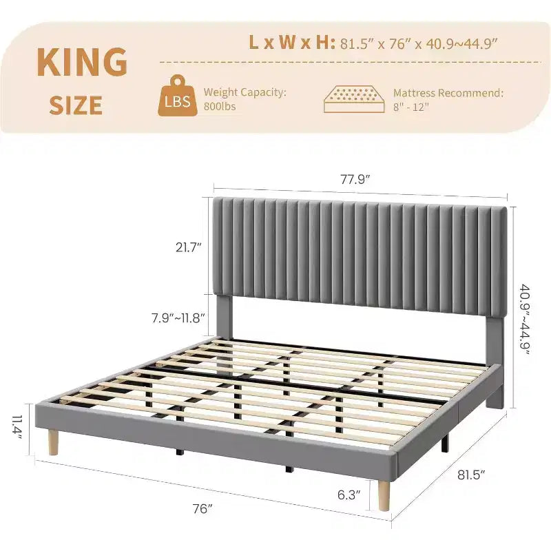 GustoWave Velvet Upholstered Platform Bed Frame with Adjustable Headboard