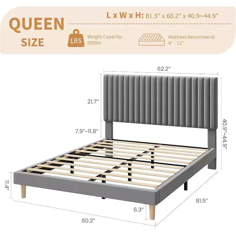 GustoWave Velvet Upholstered Platform Bed Frame with Adjustable Headboard