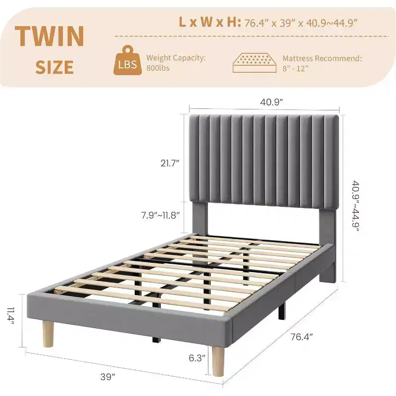 GustoWave Velvet Upholstered Platform Bed Frame with Adjustable Headboard