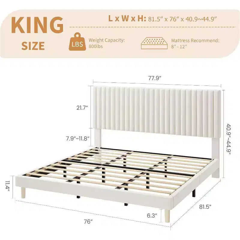 GustoWave Velvet Upholstered Platform Bed Frame with Adjustable Headboard
