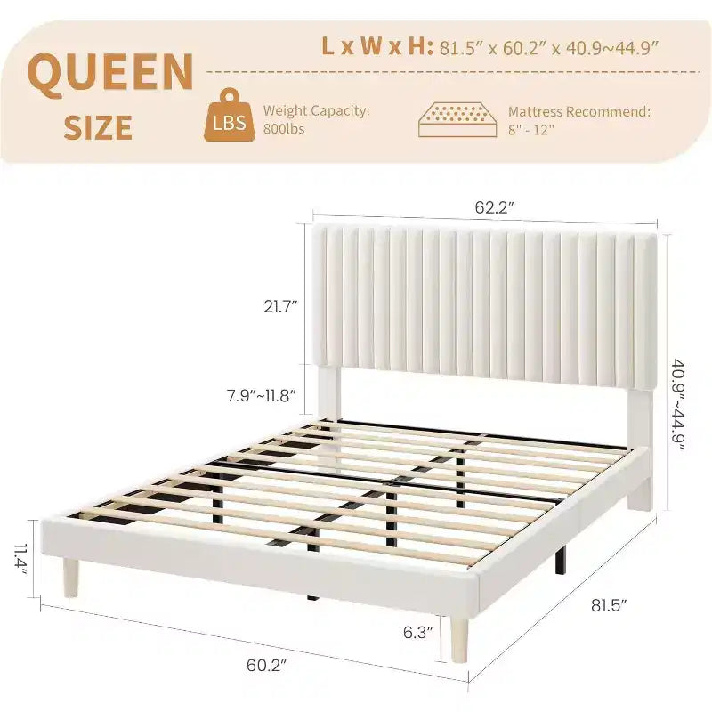 GustoWave Velvet Upholstered Platform Bed Frame with Adjustable Headboard