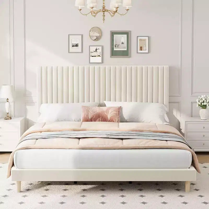 GustoWave Velvet Upholstered Platform Bed Frame with Adjustable Headboard