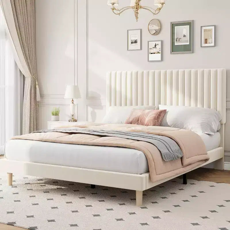 GustoWave Velvet Upholstered Platform Bed Frame with Adjustable Headboard