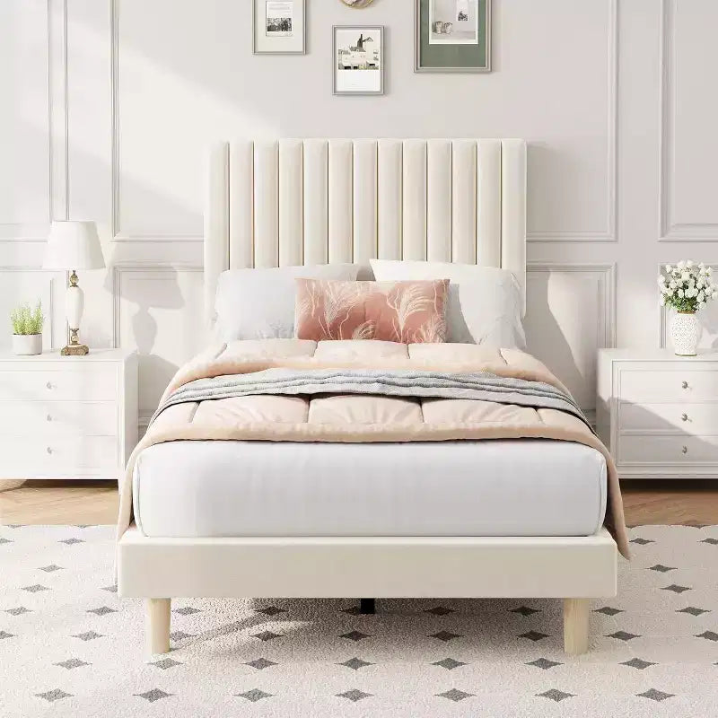 GustoWave Velvet Upholstered Platform Bed Frame with Adjustable Headboard