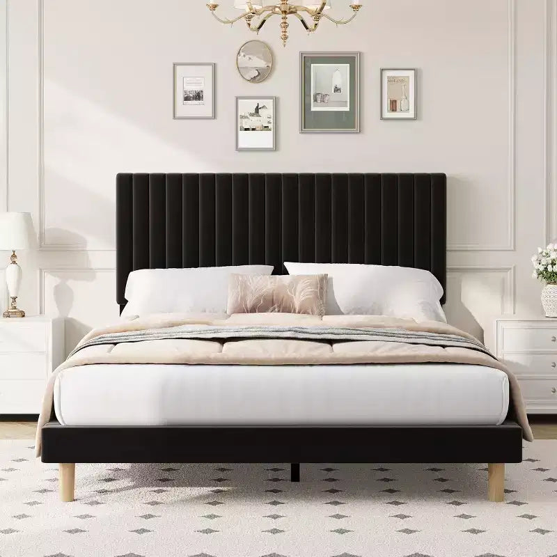 GustoWave Velvet Upholstered Platform Bed Frame with Adjustable Headboard