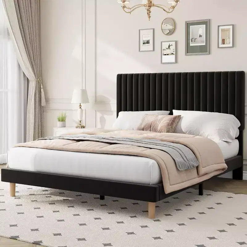 GustoWave Velvet Upholstered Platform Bed Frame with Adjustable Headboard