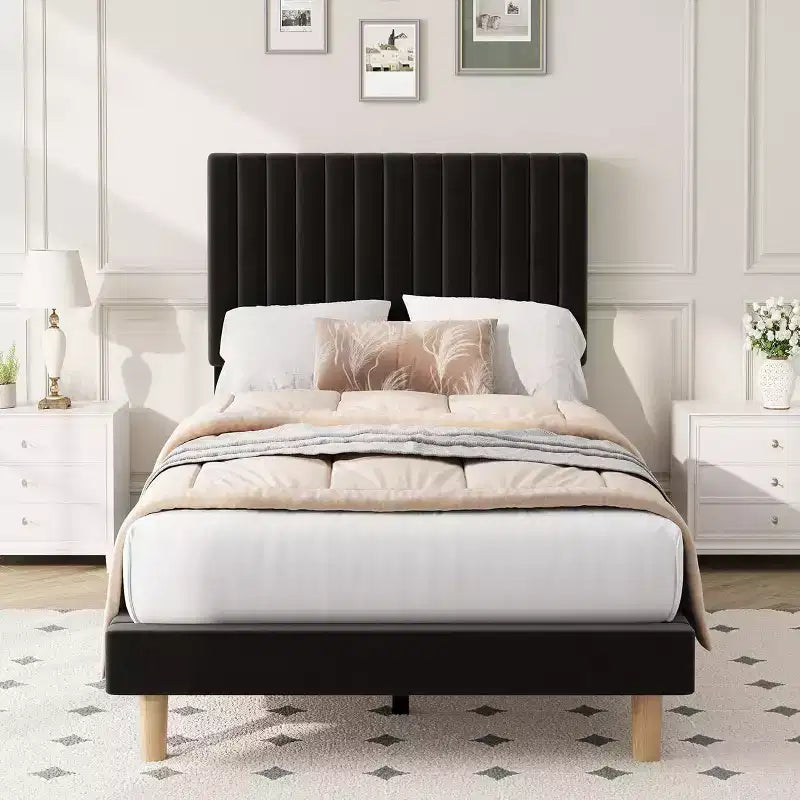 GustoWave Velvet Upholstered Platform Bed Frame with Adjustable Headboard