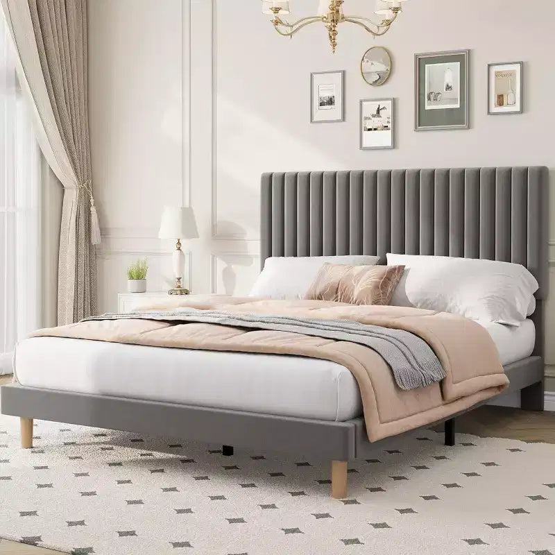 GustoWave Velvet Upholstered Platform Bed Frame with Adjustable Headboard
