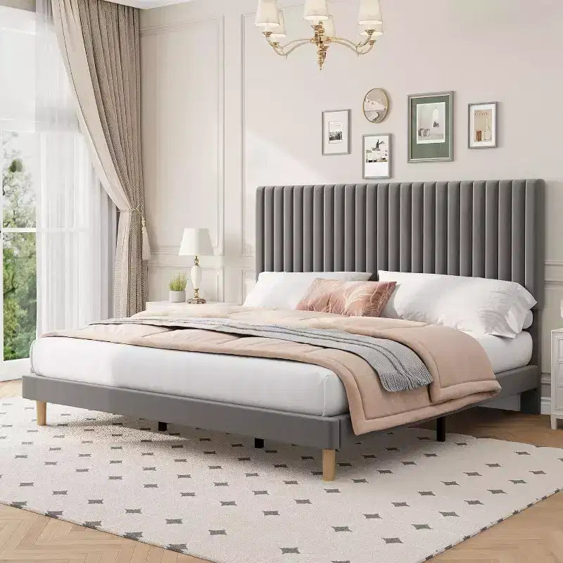GustoWave Velvet Upholstered Platform Bed Frame with Adjustable Headboard