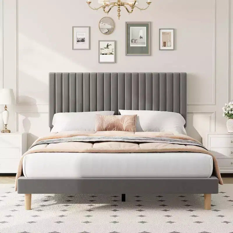 GustoWave Velvet Upholstered Platform Bed Frame with Adjustable Headboard