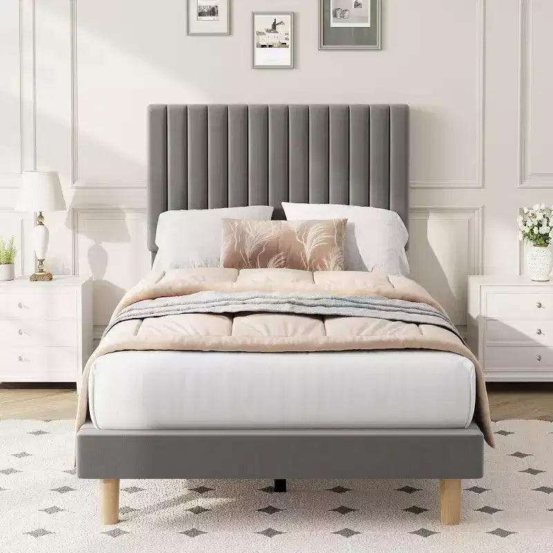 GustoWave Velvet Upholstered Platform Bed Frame with Adjustable Headboard